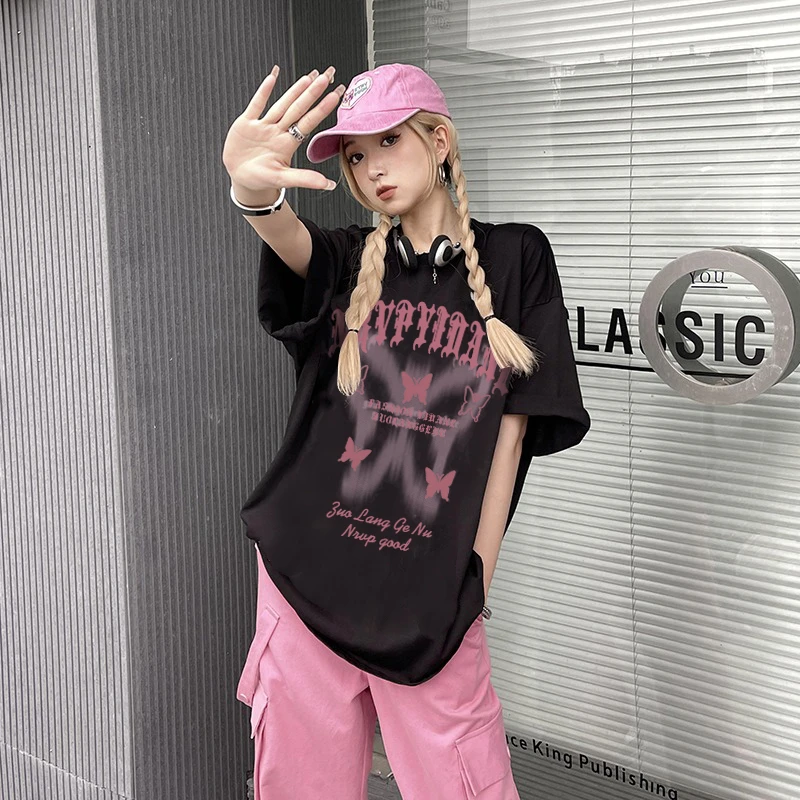 纯棉欧美甜酷风蝴蝶短袖T恤女hiphop情侣宽松ins百搭正肩半袖衫潮