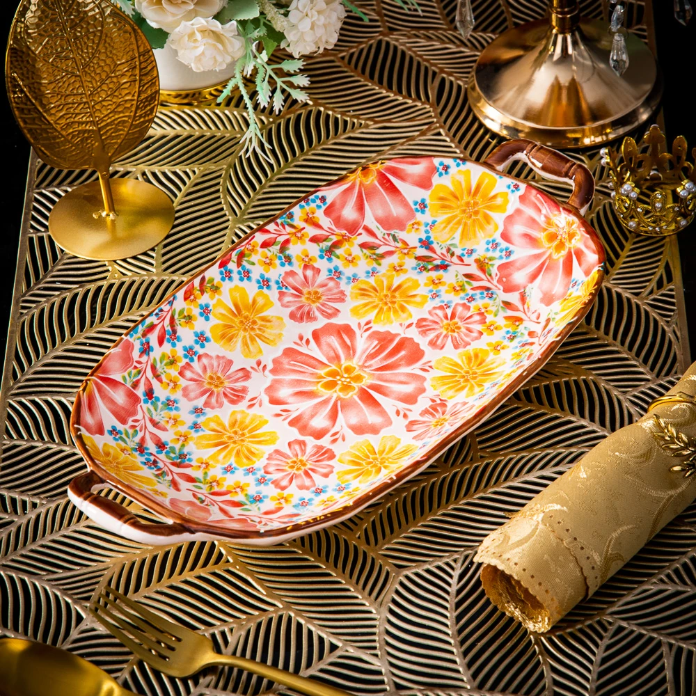 外贸出口【Diacelain】高端餐具蒲公英13英寸双耳竹柄烤盘鱼盘