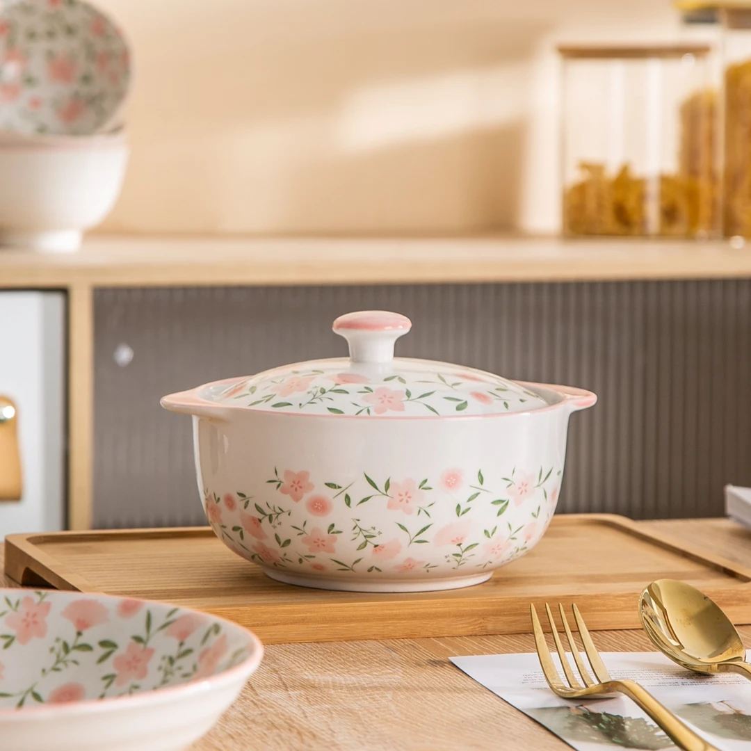 桃花系列可爱高颜值家用陶瓷汤碗6.5英寸双耳陶瓷盖汤碗1个装