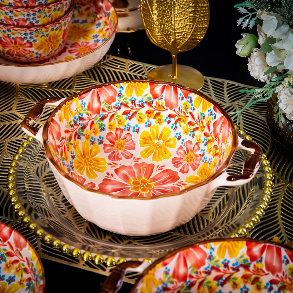 外贸出口【Diacelain】高端蒲公英9英寸双耳竹柄汤盆汤碗拉面碗