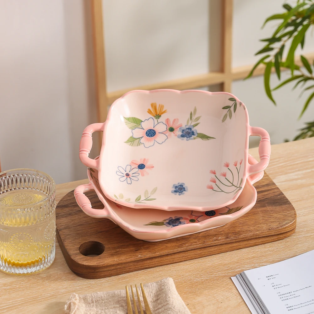 珊瑚海系列粉嫩少女心清新家用陶瓷餐具9英寸竹柄双耳四方盘