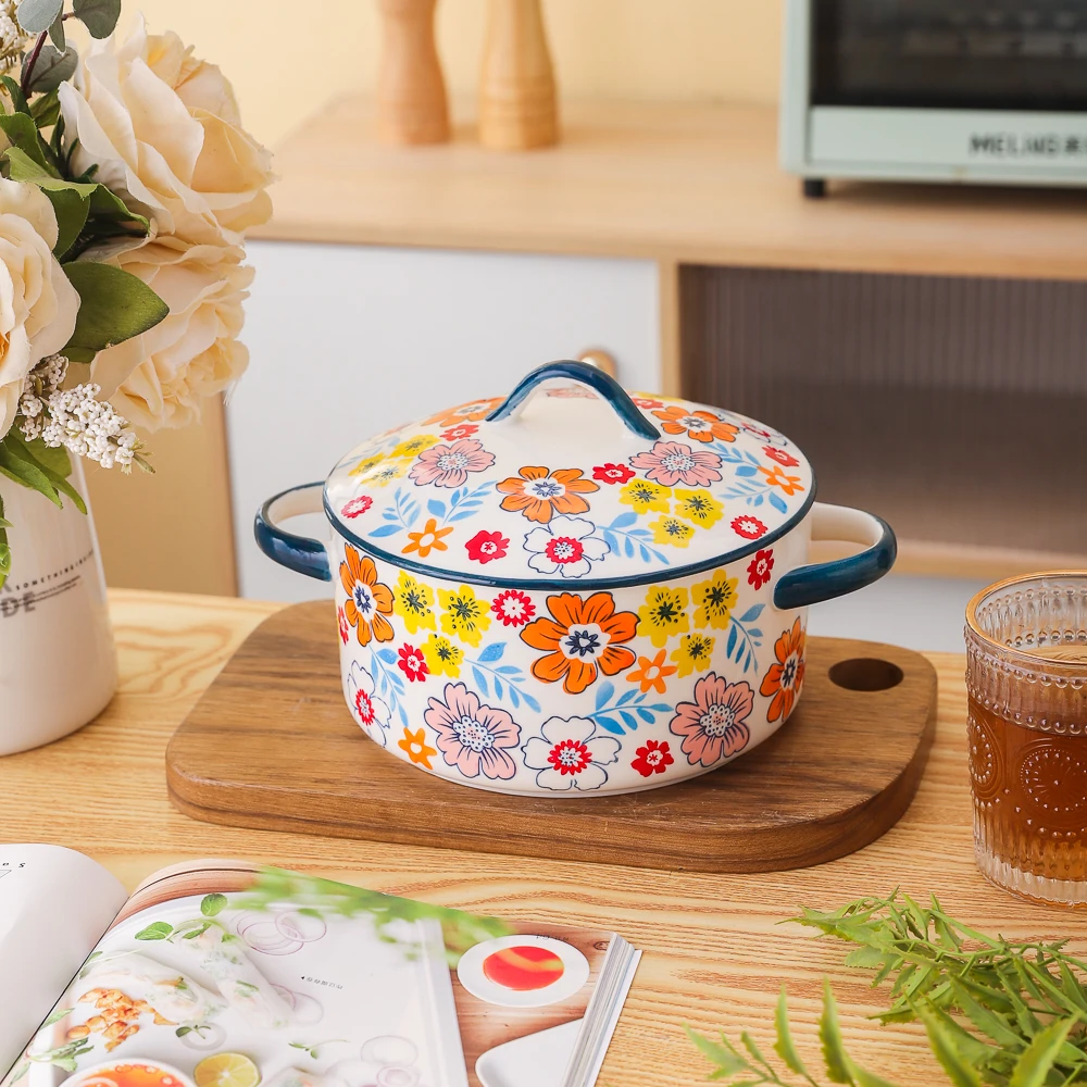 花晨月夕系列小清新高颜值家用陶瓷餐具9.5英寸双耳带陶瓷盖汤碗