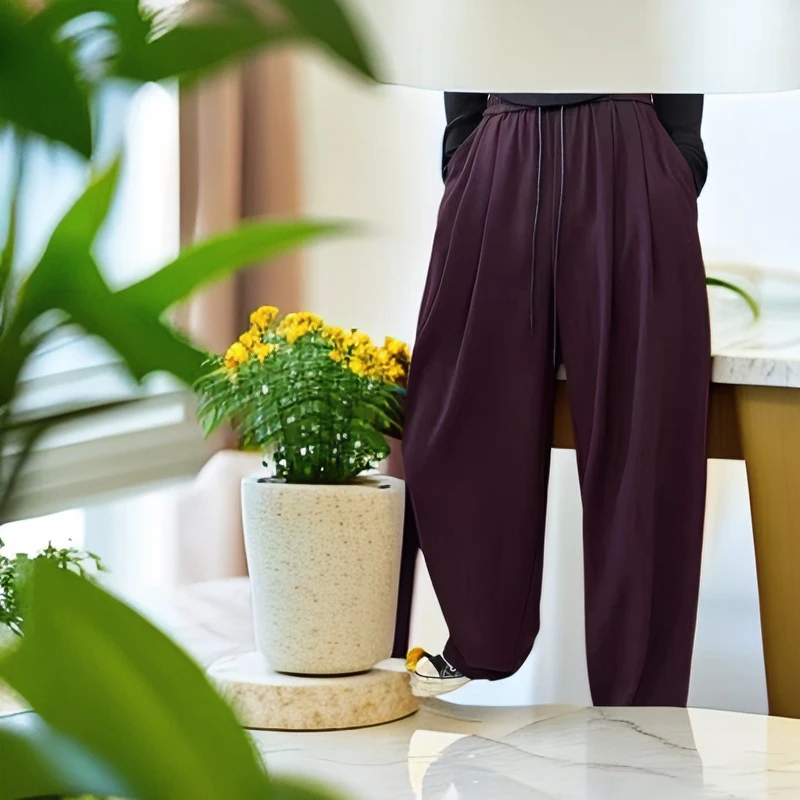 20024年休闲时尚舒适宽松女士裤子显瘦夏季薄款九分纯色松紧腰