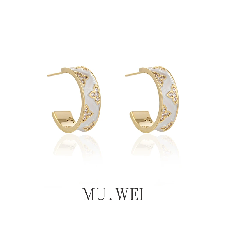 铜合金合成锆石耳饰 法式复古花朵C形冷淡风高级感耳钉耳环E12