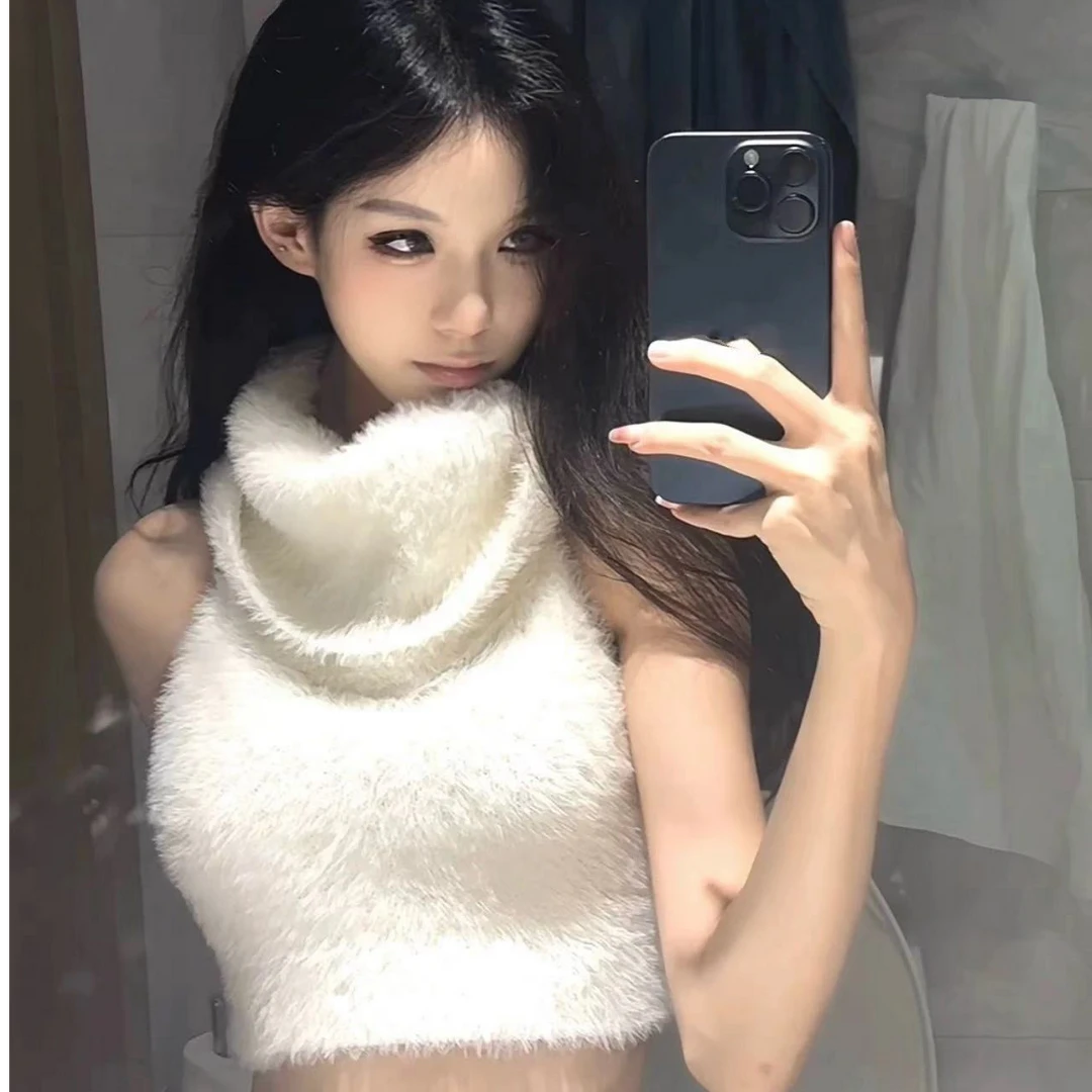 白色高领水貂毛背心毛衣女秋季小个子慵懒风针织内搭短款无袖上衣