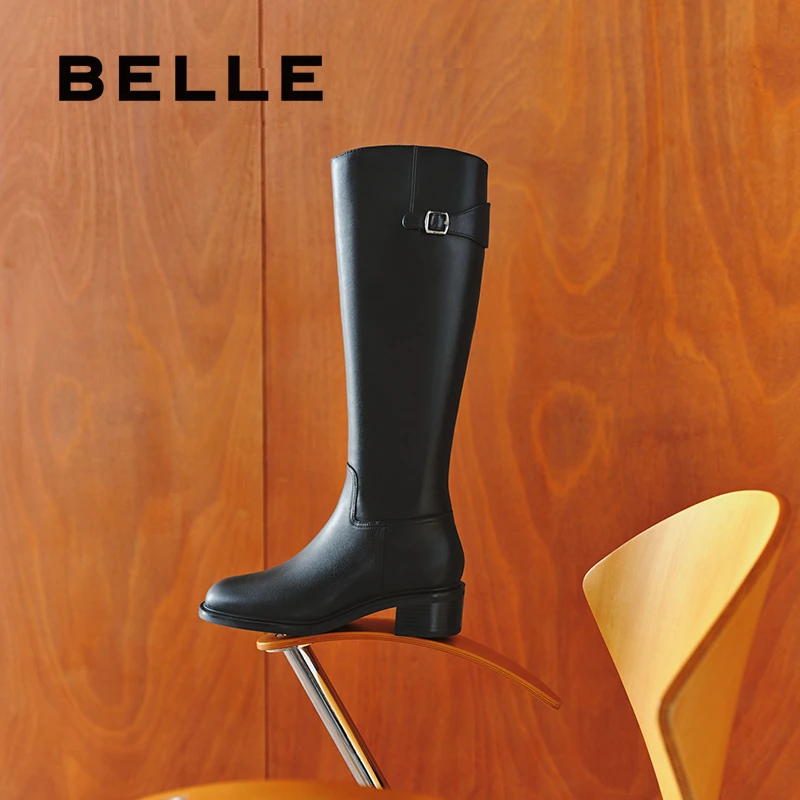 【巴图&博谷优享】百丽女24冬商场同款真皮黑色高筒骑士靴3KV71DG4