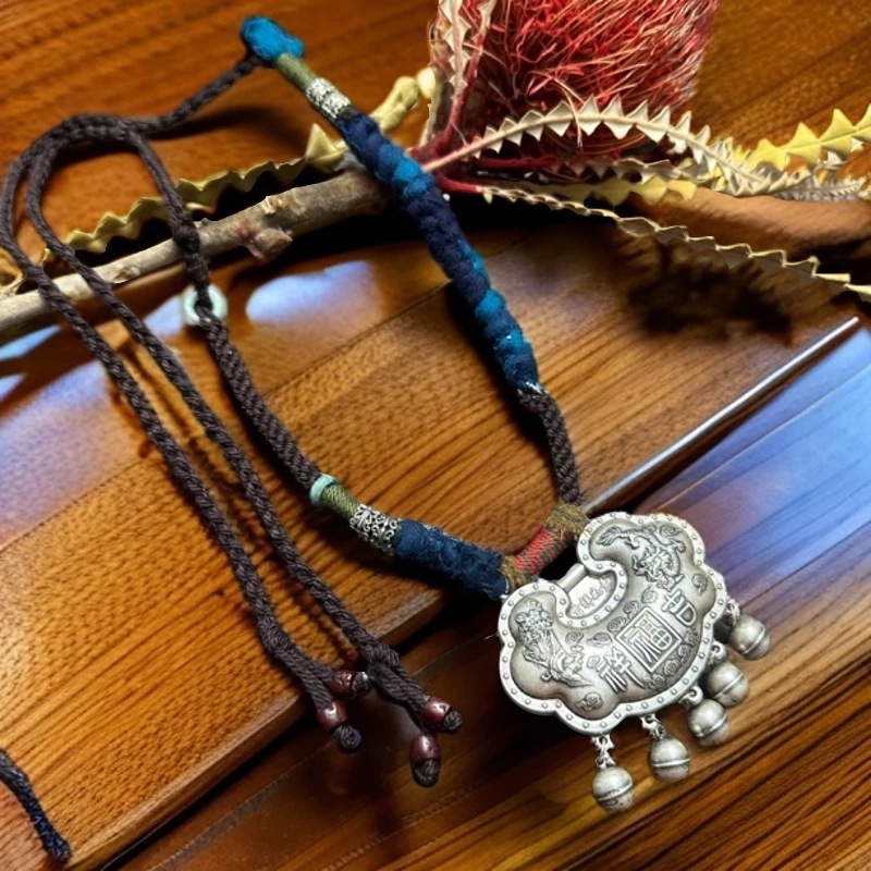 吊坠足银布艺 足银复古风百搭时尚龙凤呈祥大锁毛衣链