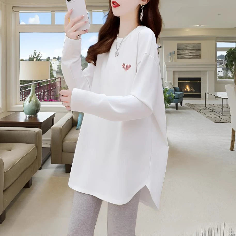 高品质~白色加绒磨毛内搭打底衫女春秋新款宽松中长遮屁股长袖t恤