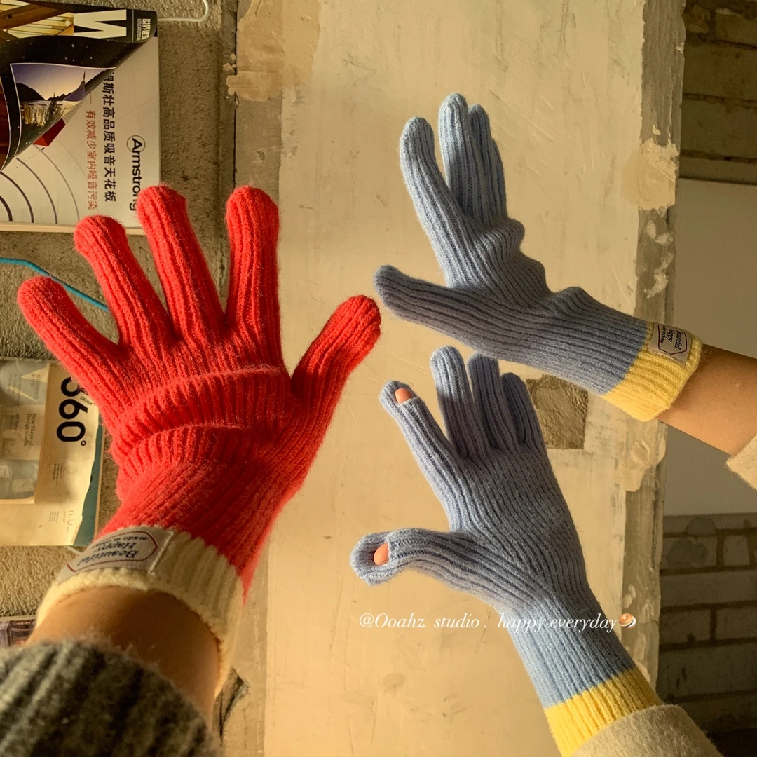 韩采直入~配色爱了！秋冬防寒保暖字母标毛线针织长款ins分指手套