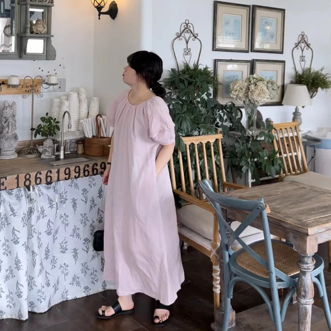 [哈尼家2]韩系初恋系列百搭亚麻连衣裙女圆领短袖收腰连衣裙AA45