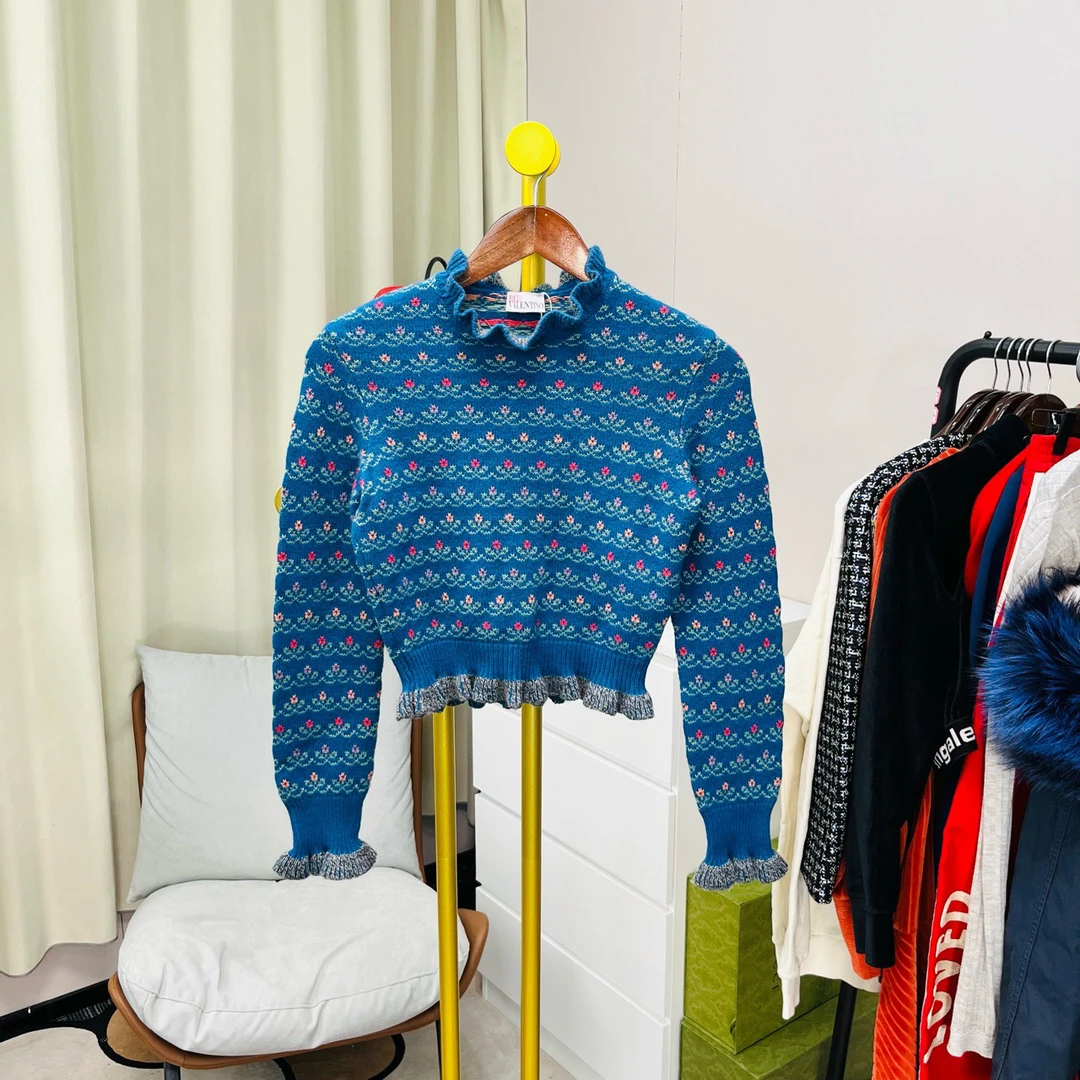 99新 Valentino/华伦天奴 蓝色三叶草高领毛衣 xs码/99新