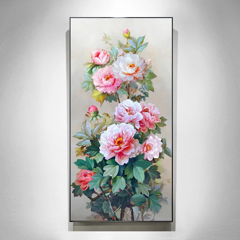 东江源手绘油画入户玄关装饰画新中式牡丹花竖版挂画走廊过道壁画