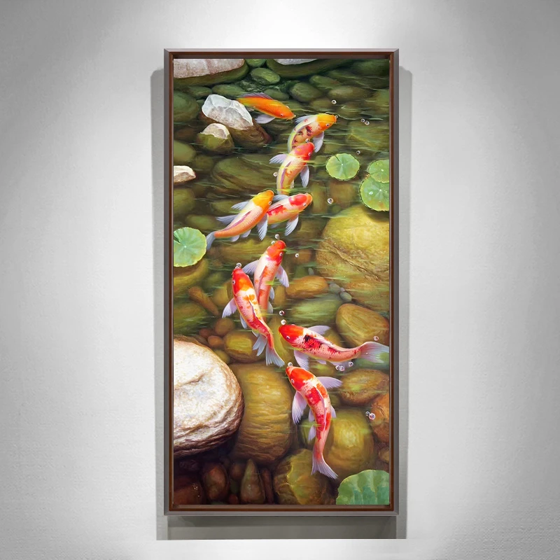 东江源手绘油画新中式装饰画客厅玄关挂画九鱼图走廊过道壁画