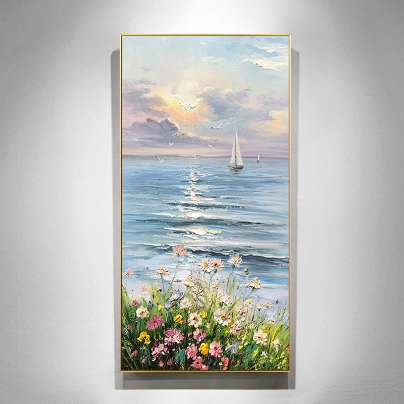 手绘油画进门入户玄关装饰画现代简约客厅走廊过道挂画竖版风景画