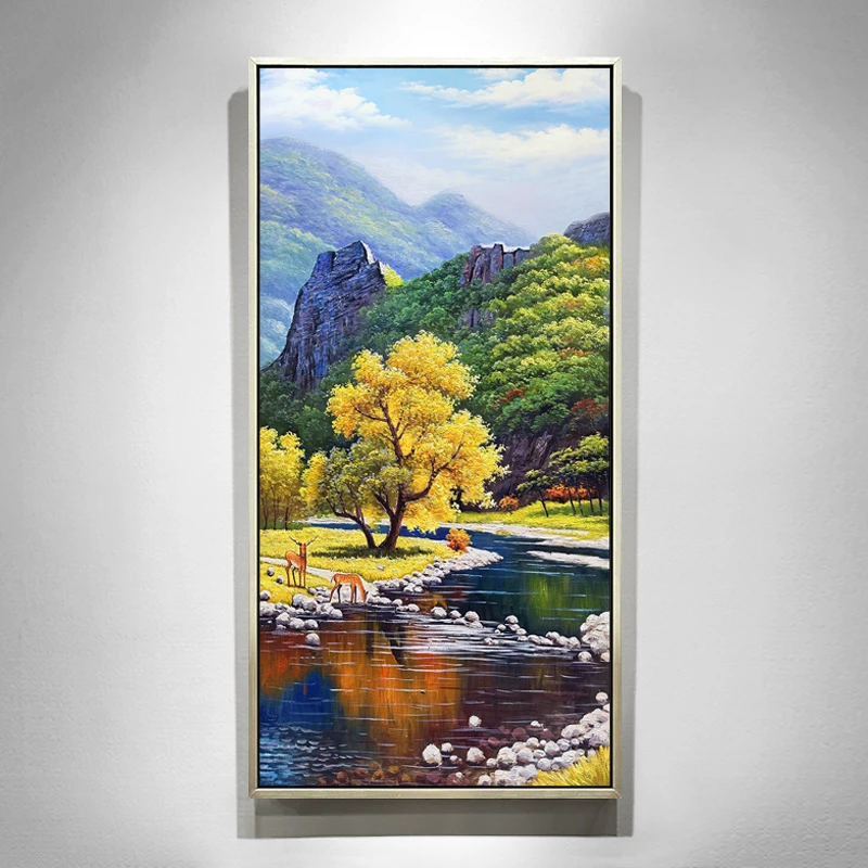 手绘油画美式轻奢玄关山水风景装饰画别墅欧式沙发背景墙挂画壁画