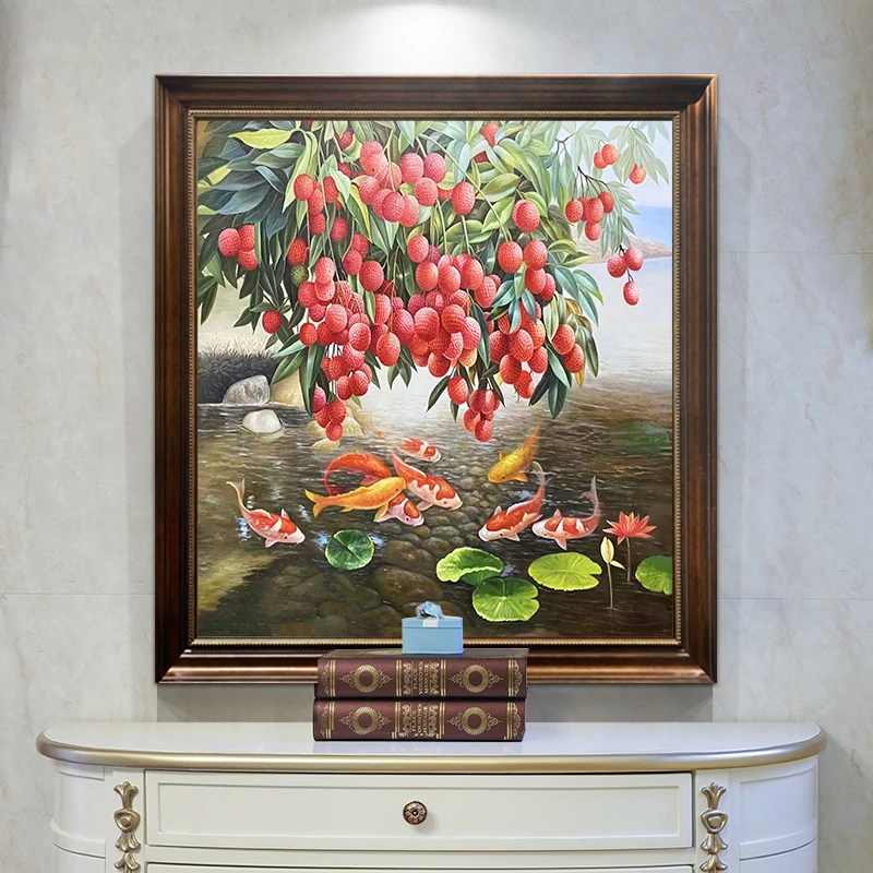 新中式客厅装饰画荔枝九鱼图沙发背景墙餐厅玄关壁画纯手绘油画