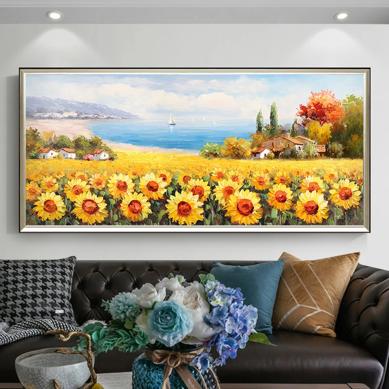 东江源手绘油画向日葵风景地中海北欧客厅沙发背景装饰画餐厅挂画