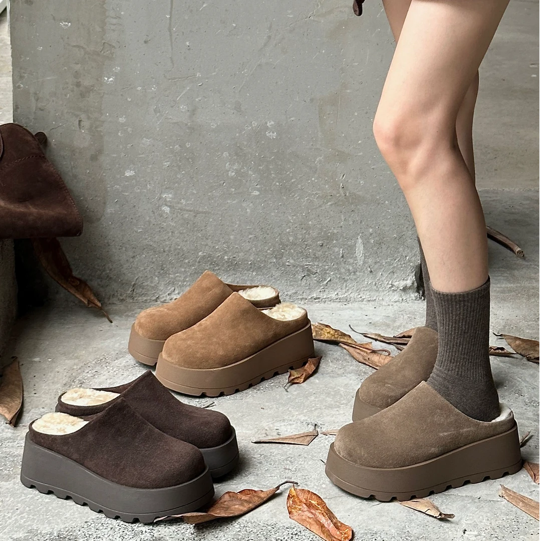 【A&J】厚底增高拖鞋时尚百搭加绒秋冬厚底复古包头拖鞋