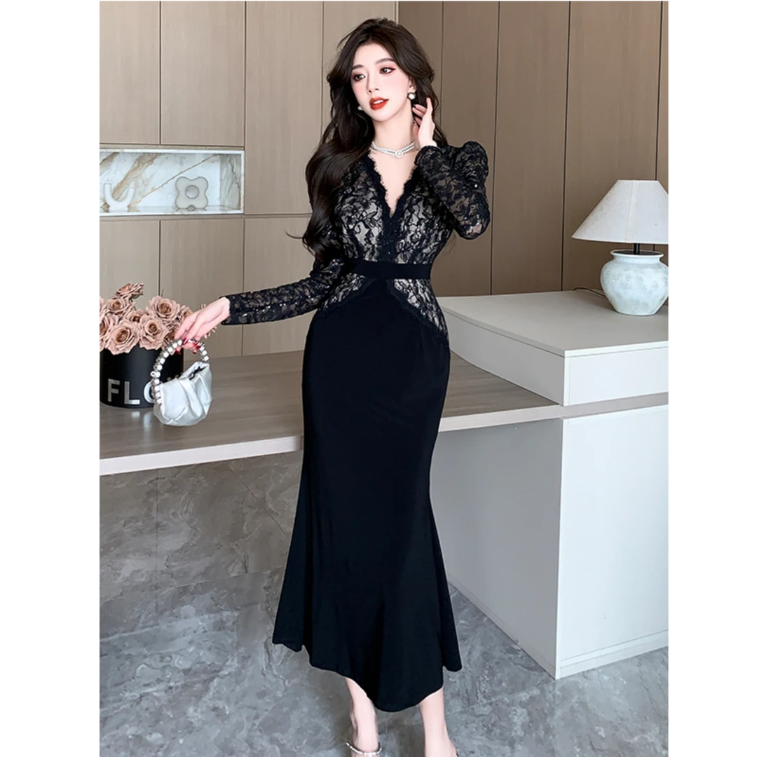 法式长袖V领蕾丝连衣裙女秋冬高级感小黑裙性感鱼尾礼服长裙9330