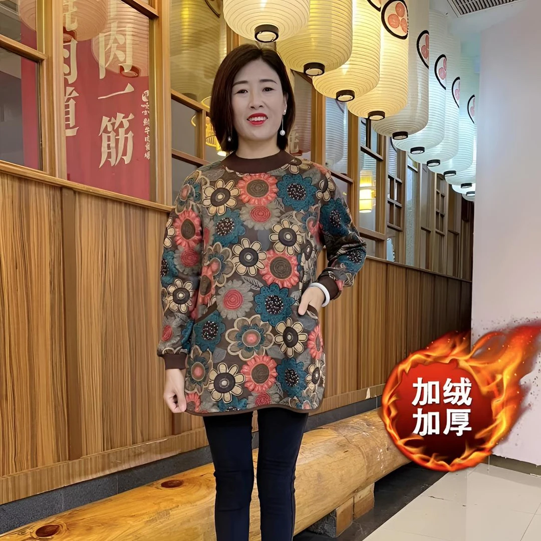 秋季加绒加厚中年妈妈冬装半高领打底衫女装遮肚减龄上衣