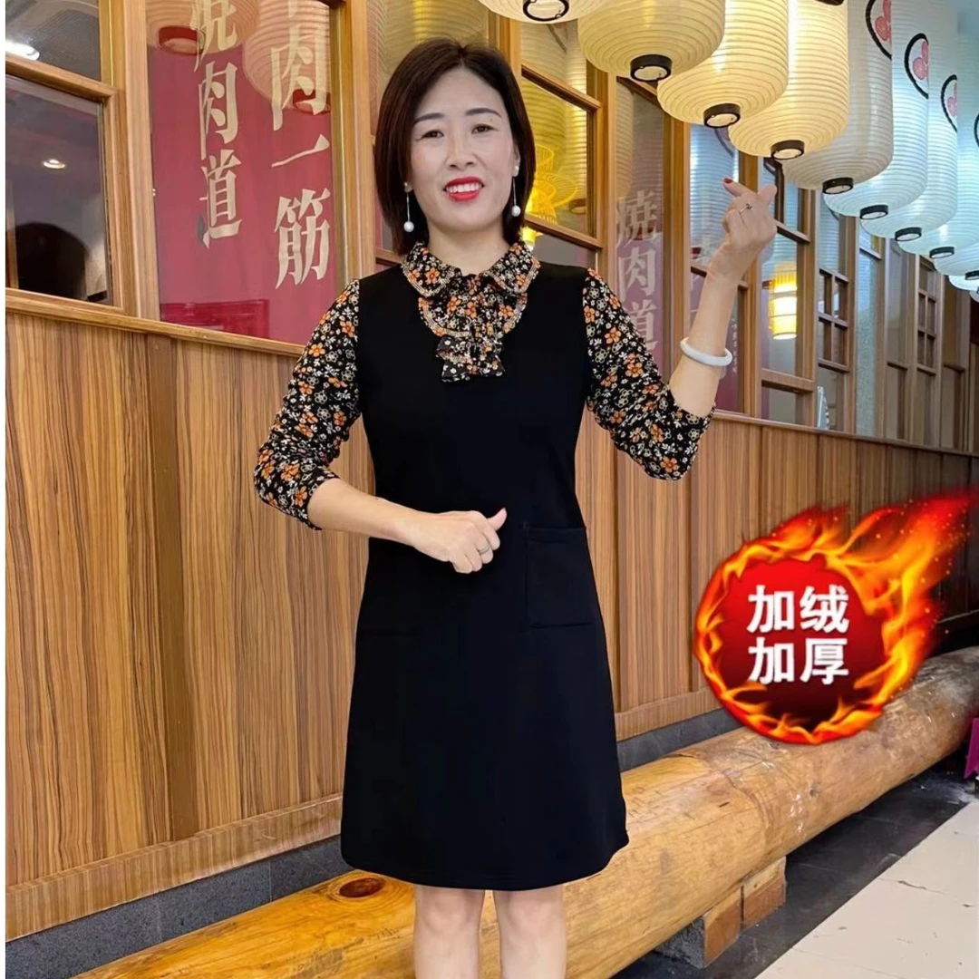 秋冬女裙时尚爸妈加绒加厚翻领连衣裙