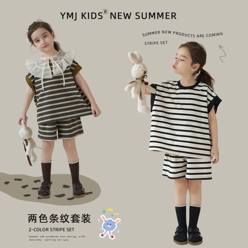 【杨梅家】女童儿童网红洋气时尚休闲夏季宽松条纹中大童套装DE2328