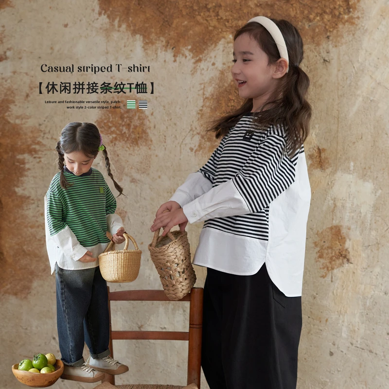 【杨梅家】女童儿童春秋长袖洋气韩版ol拼接秋季条纹T恤MKBD141
