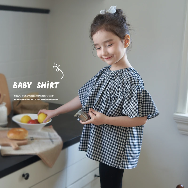 【NO退NO换】女童泡泡袖格子格纹娃娃衫【两件以上包邮】MKBL248