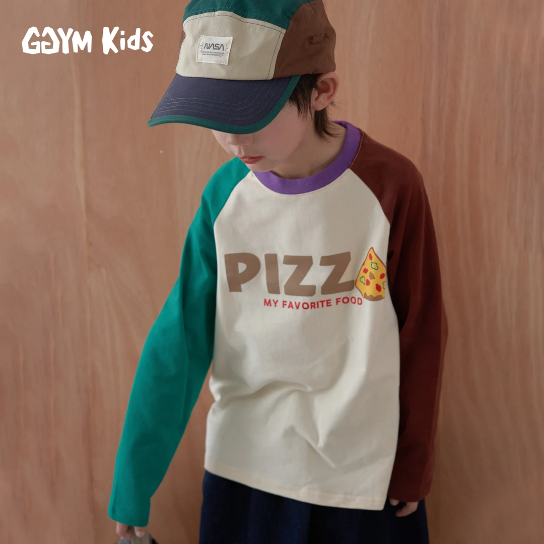 杨梅家童装儿童长袖休闲中大童圆领拼色撞色男童卡通T恤MKAL057