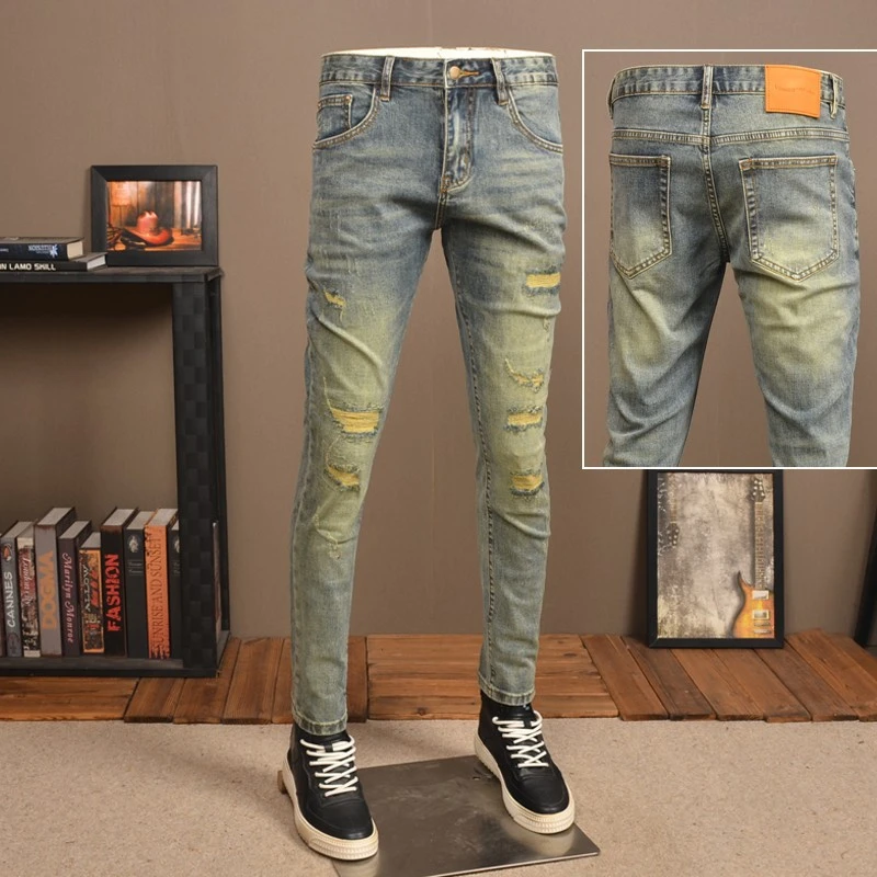 男士九分破洞牛仔裤男2025夏季薄款新款弹力修身小脚潮牌小矮个子