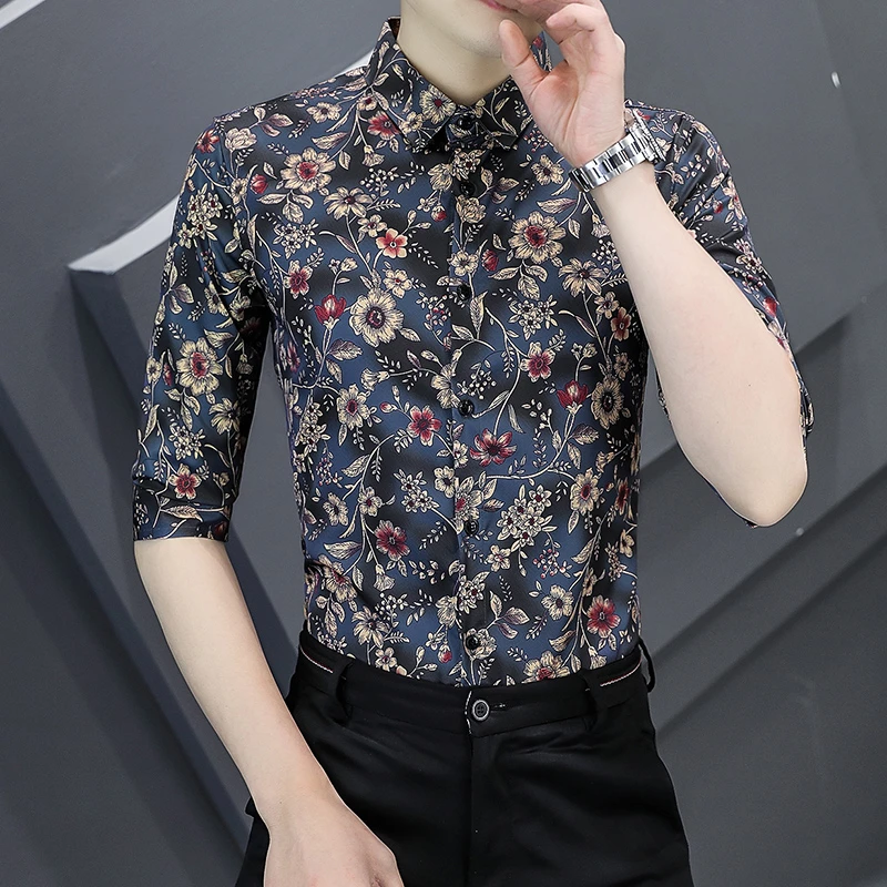 2025春夏装新款数码印花中袖衬衫男修身潮流薄款百搭男士休闲衬衣