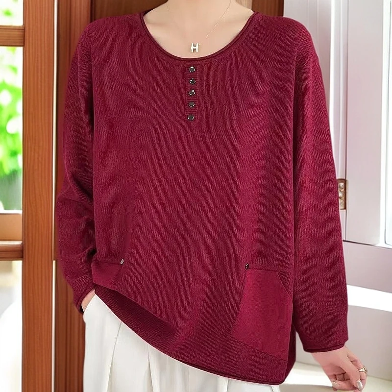 胖妈妈毛衣春秋薄款加大码长袖T恤女宽松180斤洋气遮肚圆领针织衫