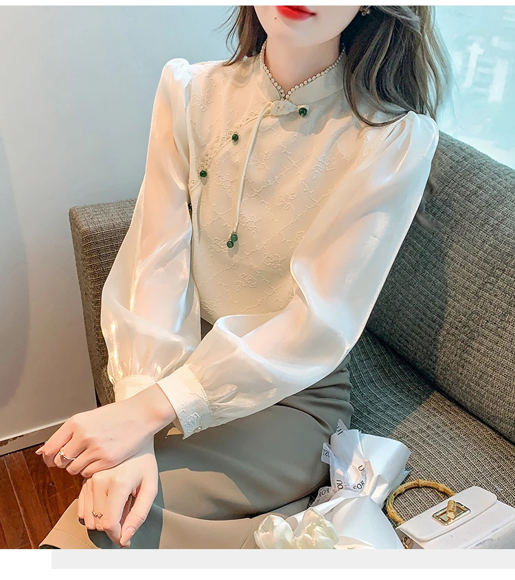 新中式国风复古雪纺衬衫女士2024秋季新款高级感气质盘扣旗袍上衣