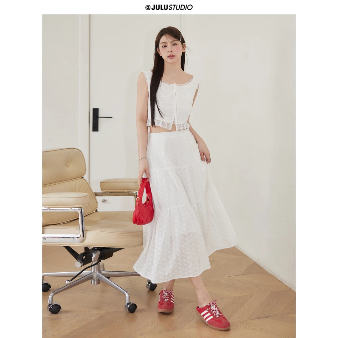 巨鹿工作室“夏布利情书”微胖mm萬能百搭蕾丝吊带小白裙半裙大码