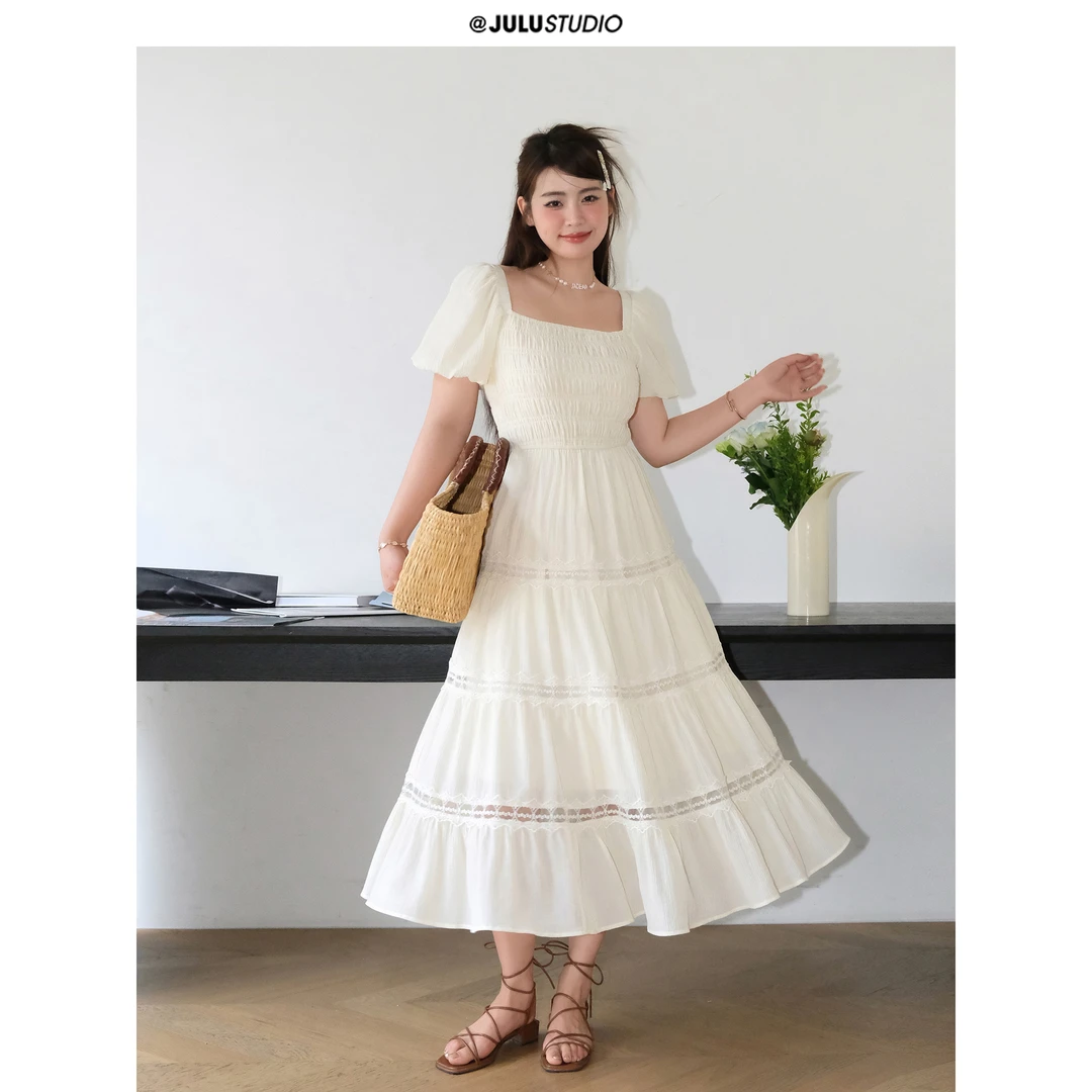 童话小镇 巨鹿工作室微胖mm法式复古泡泡袖连衣裙甜美蕾丝长裙