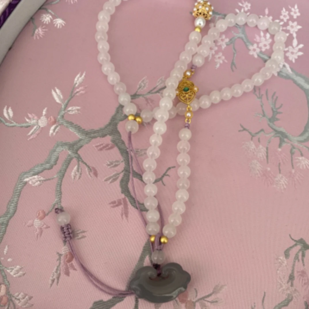 和田玉烟紫如意祥云锁含全珠链