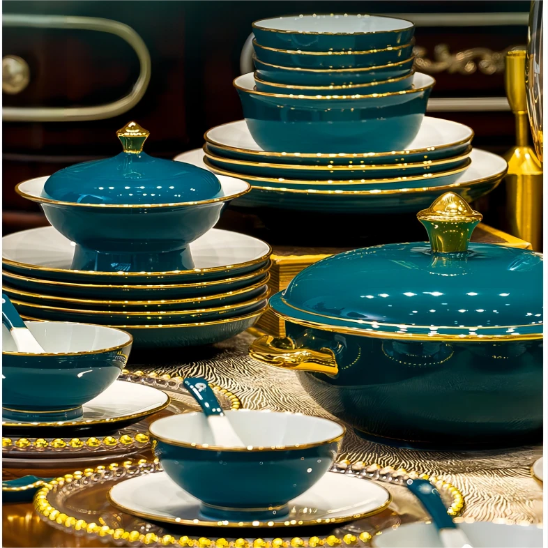 景德镇制高白泥宝石蓝奢华新中式婚庆高端正宗景德镇餐具套装