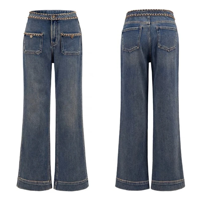 小香链条高腰直筒高质量阔腿牛仔裤女2024冬季新款显瘦弹力拖地裤