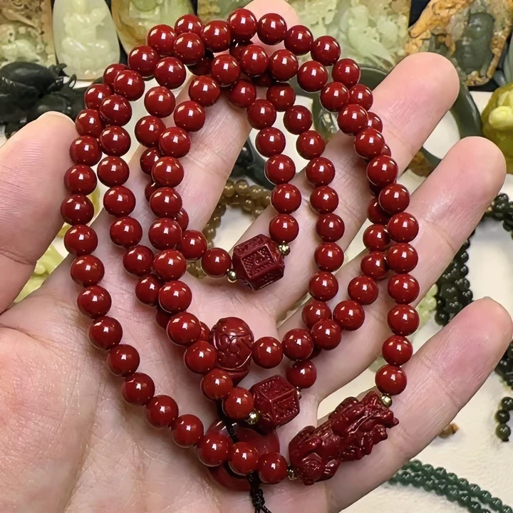 含辰砂工艺品【高含量】朱砂手串108粒毛衣链多圈手串卡6MM