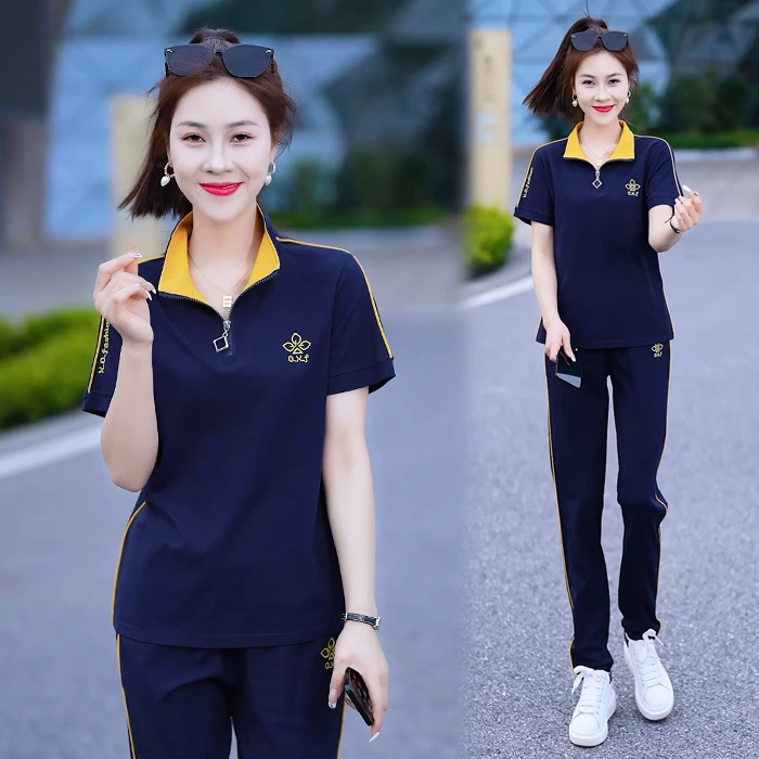 2025夏季新款女装休闲运动服套装女时尚显瘦立领宽松减龄两件套