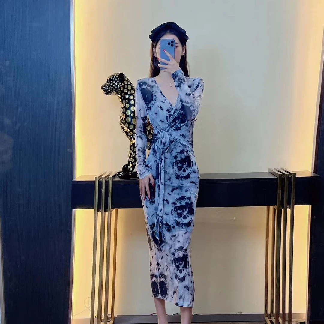 2025春夏款网纱V领绑带长袖浮生半日显瘦包身修身百搭开衩连衣裙