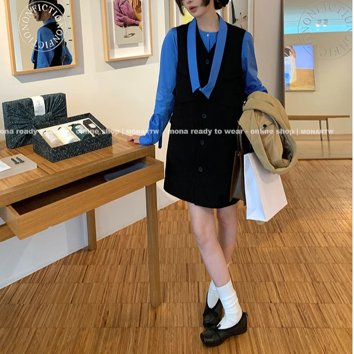 MONA 复古简约气质马甲马夹连衣裙套装女小个子 2024春秋季新款