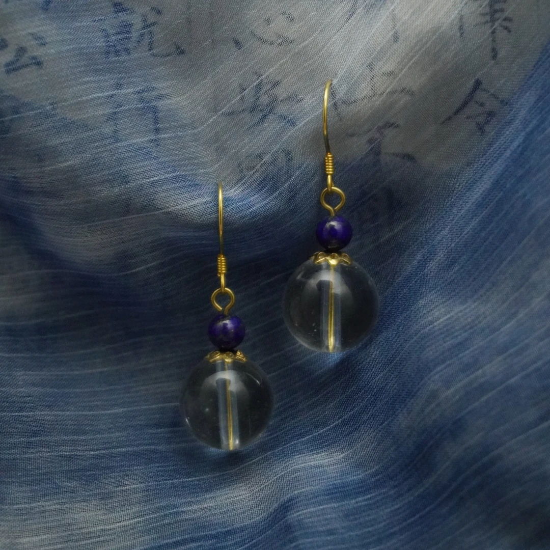 合金玻璃耳饰 「苍海遗珠」白水色透明人鱼泪银镀金耳钩(花托非银)