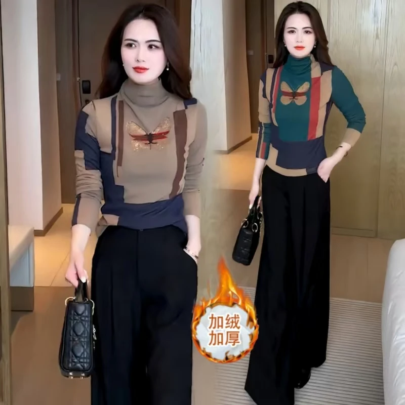 加绒加厚时尚套装女冬季新款修身高领保暖长袖T恤阔腿裤两件套潮