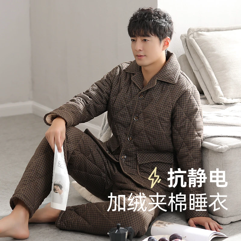 品牌高端上档次冬季睡衣男士纯棉三层加厚加绒夹棉保暖棉袄冬天