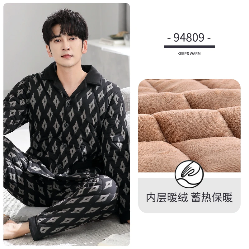 品牌撤柜清仓直播冬季睡衣男士纯棉三层加厚加绒夹棉保暖冬天棉袄