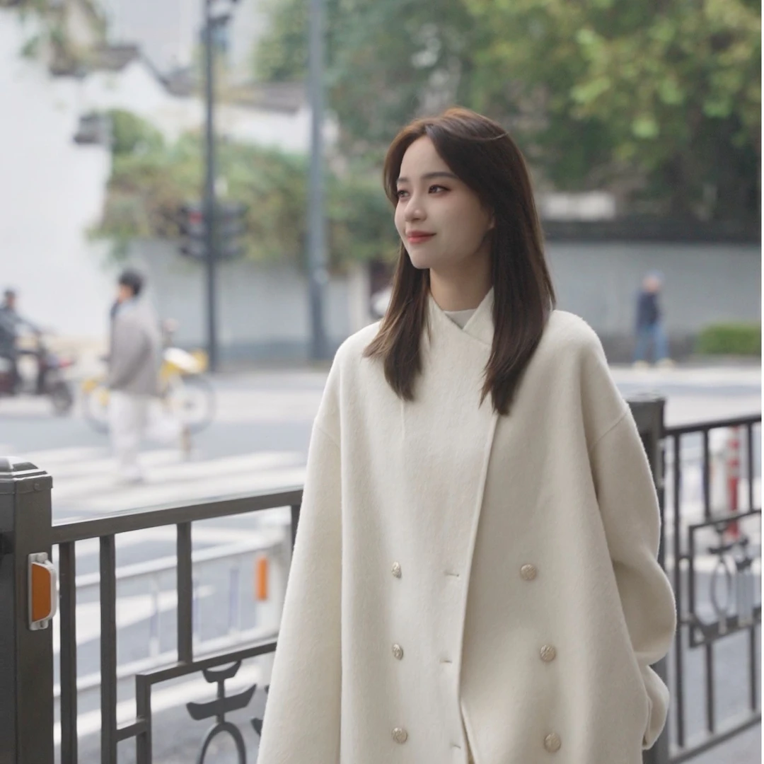 PATENA【雪白假日】奶白色韩剧大女主冬季氛围感长款驼绒大衣