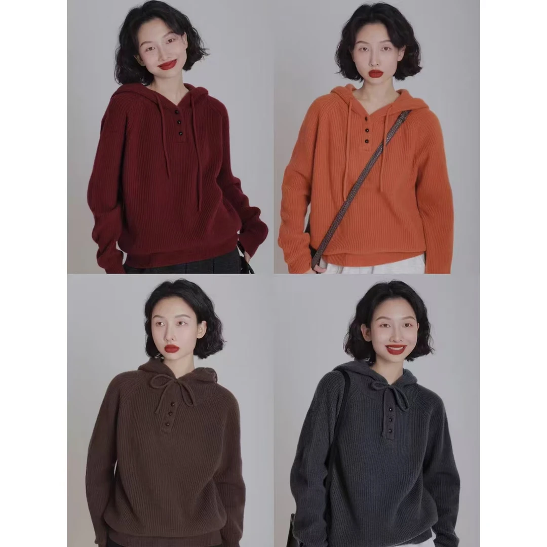 IVY YANG全羊毛慵懒连帽坑条帽衫针织衫