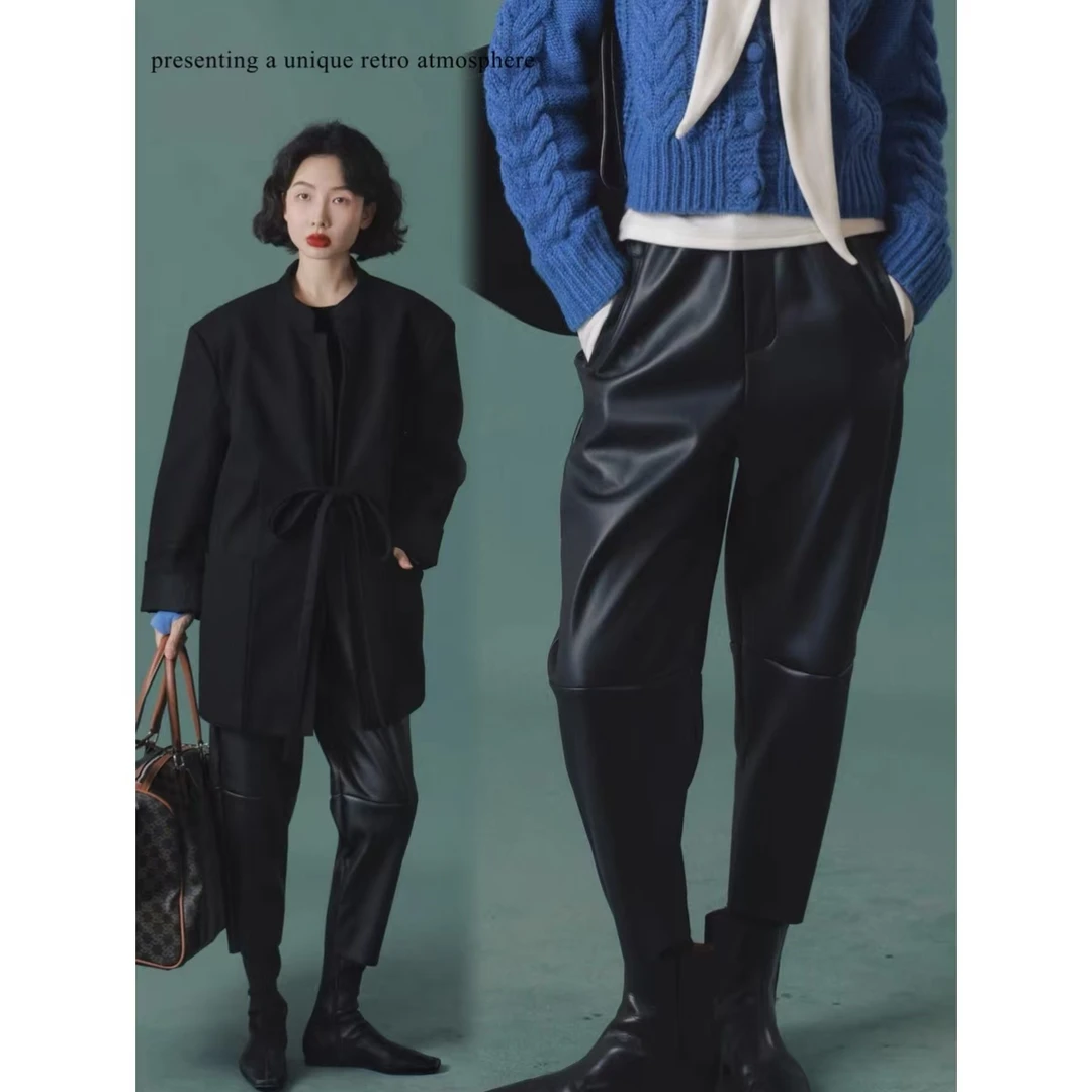 IVY YANG松紧腰锥形加厚皮裤百搭休闲裤