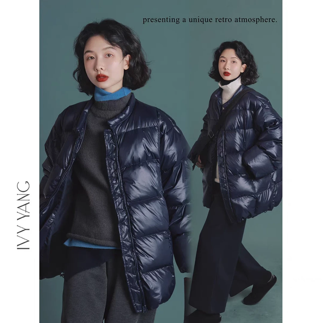 IVY YANG白鸭绒圆领亮面厚实羽绒服女冬季新款百搭短款面包服440g
